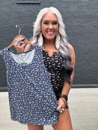 5325 Floral and Fun Tank Navy